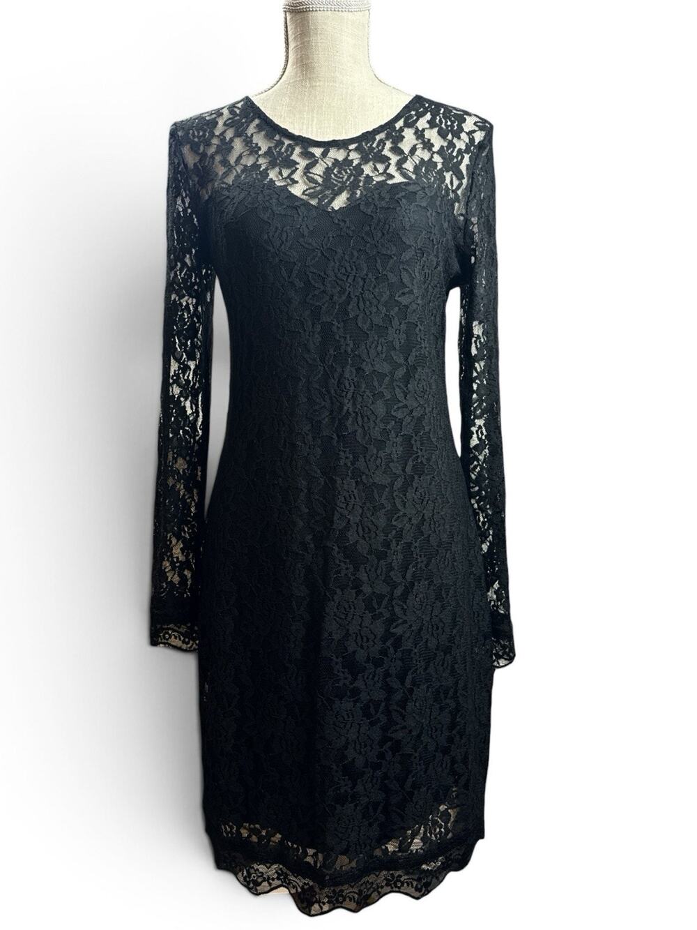 Maurice LBD Dress Black Lace Overlay Lined Long Sleeve Sweetheart Neck SM